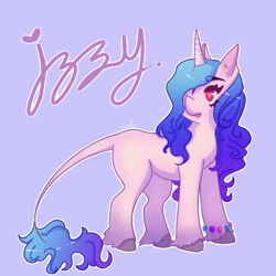Size: 2048x2048 | Tagged: safe, artist:gingertea1711, imported from derpibooru, izzy moonbow, pony, unicorn, blue background, cloven hooves, female, g5, leonine tail, looking back, mare, open mouth, signature, simple background, solo, tail, text, unshorn fetlocks