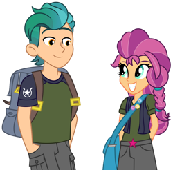 Size: 1024x1009 | Tagged: safe, artist:emeraldblast63, imported from derpibooru, hitch trailblazer, sunny starscout, equestria girls, backpack, bag, braid, clothes, equestria girls-ified, female, g4, g5, g5 to equestria girls, g5 to g4, grin, hilarious in hindsight, looking at each other, male, redesign, shirt, shorts, simple background, smiling, teeth, transparent background