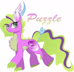 Size: 2343x2294 | Tagged: safe, artist:alister-calouro, imported from derpibooru, oc, oc only, oc:jigsaw puzzle, dracony, dragon, hybrid, pony, chest fluff, claws, female, interspecies offspring, offspring, parent:rarity, parent:spike, parents:sparity, simple background, white background