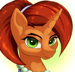 Size: 2100x2000 | Tagged: safe, artist:aquaticvibes, imported from derpibooru, stellar flare, pony, unicorn, bust, female, green eyes, high res, jewelry, looking at you, mare, necklace, pearl necklace, portrait, smiling, solo