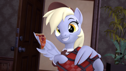 Size: 3840x2160 | Tagged: safe, artist:owlpirate, imported from derpibooru, derpy hooves, pegasus, pony, 3d, cute, delivery, delivery pony, derpabetes, food, pizza, pizza delivery, sfm pony, smiling, solo, source filmmaker, tomato pizza, wing hands, wings