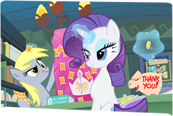 Size: 349x234 | Tagged: safe, artist:nelnobody, imported from derpibooru, derpy hooves, rarity, pegasus, pony, unicorn, bits, magic, piggy bank, postcard