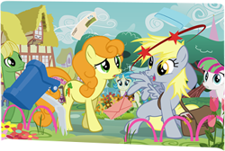 Size: 349x234 | Tagged: safe, artist:nelnobody, imported from derpibooru, allie way, blossomforth, carrot top, derpy hooves, golden harvest, wensley, earth pony, pegasus, pony, unicorn, circling stars, crash, dizzy, envelope, flower, mailbag, mailbox, mailmare, ponyville