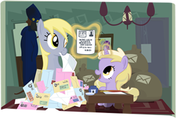 Size: 349x234 | Tagged: safe, artist:nelnobody, imported from derpibooru, derpy hooves, dinky hooves, pegasus, pony, unicorn, envelope, female, magic, mail, mother and child, mother and daughter