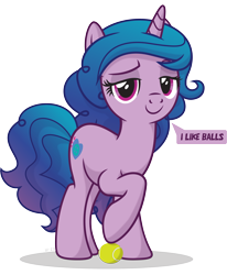 Size: 2886x3507 | Tagged: safe, artist:le-23, imported from derpibooru, izzy moonbow, pony, unicorn, bedroom eyes, female, g5, high res, izzy's tennis ball, looking at you, mare, simple background, solo, speech bubble, tennis ball, that pony sure does love tennis balls, transparent background