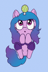 Size: 927x1388 | Tagged: safe, artist:craftycirclepony, imported from derpibooru, izzy moonbow, pony, unicorn, ball, blue background, cute, ear fluff, featureless crotch, female, filly, filly izzy moonbow, g5, gradient mane, hooves to the chest, horn, horn guard, horn impalement, hornball, izzy's tennis ball, izzybetes, looking up, lying down, on back, open mouth, simple background, solo, spread legs, spreading, tennis ball, underhoof, unshorn fetlocks, younger
