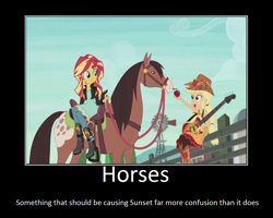 Size: 1075x860 | Tagged: safe, artist:thejboy88, edit, edited screencap, imported from derpibooru, screencap, applejack, lonestar, sunset shimmer, horse, equestria girls, friendship through the ages, country applejack, furry confusion, guitar, horse riding, horse riding a horse, motivational poster, musical instrument, riding, riding a pony