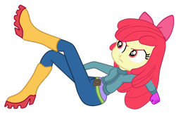 Size: 3028x2038 | Tagged: safe, artist:gmaplay, imported from derpibooru, apple bloom, eqg summertime shorts, equestria girls, the canterlot movie club, apple bloom's bow, belt, boots, bow, clothes, hair bow, jacket, leggings, shoes, simple background, solo, transparent background