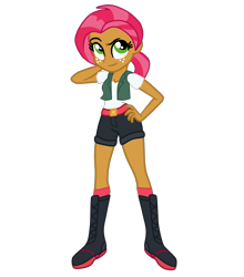 Size: 2089x2372 | Tagged: safe, artist:gmaplay, imported from derpibooru, babs seed, equestria girls, arm behind head, base used, belt, boots, clothes, confident, denim shorts, equestria girls-ified, female, freckles, hand on hip, older, older babs seed, shoes, shorts, simple background, solo, teenager, tights, transparent background