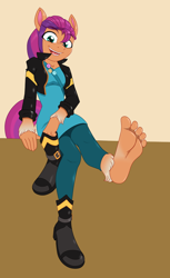 Size: 728x1187 | Tagged: safe, artist:caroo, imported from derpibooru, sunny starscout, anthro, earth pony, plantigrade anthro, pony, badge, bag, barefoot, boots, clothes, feet, female, fetish, foot fetish, foot focus, g5, jacket, looking at you, open mouth, shoes, sitting, soles, solo, toes