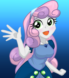 Size: 1500x1700 | Tagged: safe, artist:geraritydevillefort, imported from derpibooru, sweetie belle, equestria girls, blushing, breasts, busty sweetie belle, clothes, cute, diasweetes, dress, female, gradient background, jewelry, looking at you, necklace, older, older sweetie belle, open mouth, skirt, solo