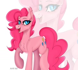 Size: 1336x1200 | Tagged: safe, artist:astazi-meow, imported from derpibooru, pinkie pie, earth pony, pony, cheek fluff, chest fluff, cute, cute little fangs, ear fluff, fangs, female, looking at you, mare, open mouth, raised hoof, solo, teeth, text, zoom layer