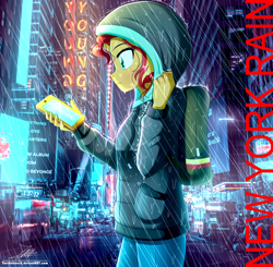 Size: 1720x1683 | Tagged: safe, artist:the-butch-x, imported from derpibooru, imported from ponybooru, sunset shimmer, equestria girls, backpack, cellphone, city, clothes, female, hoodie, new york city, phone, rain, skyscraper, smartphone, solo