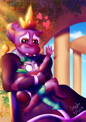 Size: 2894x4093 | Tagged: safe, artist:smolsoviet, imported from derpibooru, queen of the hippos, spike, anthro, dragon, hippopotamus, my little pony: the movie, clothes, cross-popping veins, crown, detailed background, digital art, heart, hug, jewelry, looking down, no pupils, regalia, tail