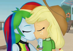 Size: 1712x1200 | Tagged: artist needed, safe, imported from derpibooru, applejack, rainbow dash, equestria girls, appledash, clothes, duo, duo female, female, kissing, lesbian, lifeguard, lifeguard applejack, shipping, sleeveless, swimsuit