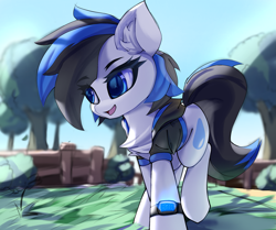 Size: 2137x1783 | Tagged: safe, artist:jfrxd, imported from derpibooru, oc, oc only, oc:blueseapony, earth pony, pony, pony town, black hair, blue eyes, clothes, grass, happy, hoodie, jacket, pony town indonesia, solo