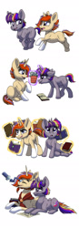 Size: 780x2240 | Tagged: safe, artist:celestial-rainstorm, imported from derpibooru, oc, oc:dawn star, oc:jupiter sky, pony, unicorn, book, colt, female, filly, lying down, magic, male, offspring, parent:starlight glimmer, parent:stygian, parent:sunburst, parent:twilight sparkle, parents:starburst, parents:twigian, plant, prone, telescope