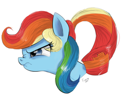 Size: 1794x1419 | Tagged: safe, artist:ponerino, imported from derpibooru, rainbow dash, rarity, pony, alternate hairstyle, blue eyes, body swap, bust, colored, different hairstyle, digital art, frown, hair swap, let's switch bodies, nose wrinkle, portrait