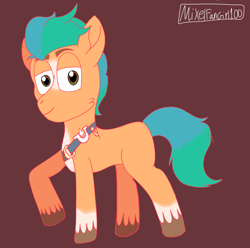 Size: 1474x1464 | Tagged: safe, artist:mixelfangirl100, imported from derpibooru, hitch trailblazer, earth pony, pony, brown background, g5, looking at you, male, raised hoof, signature, simple background, smiling, solo, stallion, unshorn fetlocks