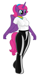 Size: 2025x3773 | Tagged: safe, artist:andrevus, imported from derpibooru, oc, oc only, oc:pinkmane, alicorn, anthro, alicorn oc, anatomically incorrect, clothes, horn, incorrect leg anatomy, jewelry, latex, latex clothes, necklace, rubber, shirt, simple background, solo, tights, transparent background, wings