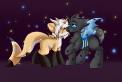 Size: 3000x2000 | Tagged: safe, alternate version, artist:etoz, imported from derpibooru, oc, oc only, oc:archex, changeling, original species, pony, shark, shark pony, unicorn, blue changeling, blushing, changeling oc, commission, eyes closed, female, horn, horns, kissing, male, mare, stallion, standing, tail, unicorn oc, wings, ych result