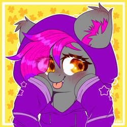 Size: 2000x2000 | Tagged: safe, artist:etoz, imported from derpibooru, oc, oc only, bat pony, pony, bat pony oc, bat wings, blushing, clothes, commission, cute, fangs, female, hoodie, looking away, mare, solo, stars, tongue out, wings, ych result
