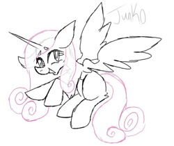 Size: 1125x945 | Tagged: safe, artist:junko, artist:php163, imported from derpibooru, princess cadance, alicorn, pony, art, cute, digital art, doodle, female, floppy ears, flying, mare, missing cutie mark, signature, simple background, sketch, smiling, solo, solo focus, spread wings, white background, wings