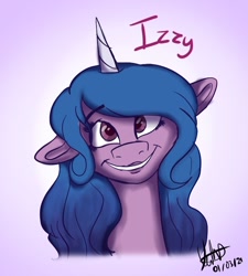 Size: 720x800 | Tagged: safe, artist:sukipershipper, imported from derpibooru, izzy moonbow, pony, unicorn, bust, female, floppy ears, g5, grin, looking at you, mare, portrait, signature, smiling, solo, teeth, text