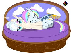 Size: 4974x3674 | Tagged: safe, artist:kyoshyu, imported from derpibooru, oc, oc:eclaircie clearing, oc:gallery dart, bat pony, pegasus, bed, female, high res, mare, plushie, simple background, transparent background, vector