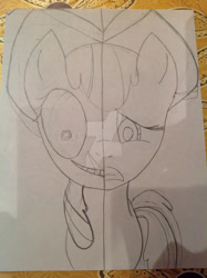 Size: 1024x1371 | Tagged: safe, imported from derpibooru, apple bloom, earth pony, pony, bow, creepybloom, deviantart watermark, female, filly, hair bow, obtrusive watermark, pencil drawing, scared, sketch, smiling, traditional art, two sides, watermark