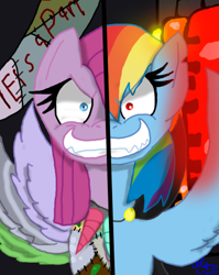 Size: 390x490 | Tagged: safe, artist:candysugarskullgirl9, imported from derpibooru, pinkie pie, rainbow dash, earth pony, pegasus, pony, fanfic:cupcakes, fanfic:rainbow factory, evil, fanfic art, life is a party, pinkamena diane pie, rainbow factory dash, red eyes, ron the death eater, smiling, two sides