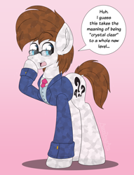 Size: 2900x3800 | Tagged: safe, alternate version, artist:aarondrawsarts, imported from derpibooru, oc, oc only, oc:brain teaser, crystal pony, earth pony, pony, clothes, commission, commissioner:reversalmushroom, crystallized, dialogue, dock, earth pony oc, glasses, suit