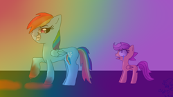 Size: 1366x768 | Tagged: safe, artist:candysugarskullgirl9, imported from derpibooru, rainbow dash, scootaloo, pegasus, pony, fanfic:rainbow factory, blood, crying, evil, fanfic art, female, filly, rainbow, shocked, shocked expression, smiling