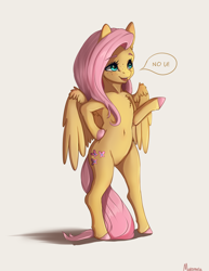 Size: 2000x2584 | Tagged: safe, artist:miokomata, imported from derpibooru, fluttershy, pegasus, pony, semi-anthro, belly, belly button, bipedal, chest fluff, colored hooves, cute, female, freckles, freckleshy, hoof on hip, mare, no u, open mouth, raised hoof, shyabetes, simple background, solo, speech bubble, white background