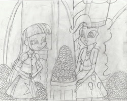 Size: 4148x3290 | Tagged: safe, artist:redfern05, imported from derpibooru, pinkie pie, twilight sparkle, equestria girls, maud pie (episode), chef's hat, chubby, duo, duo female, female, hat, high res, monochrome, rock candy, sketch, stuffed, traditional art