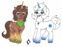 Size: 1502x1143 | Tagged: safe, artist:assertiveshypony, imported from derpibooru, oc, oc only, oc:green scroll, oc:snowmoon, pony, unicorn, spoiler:g5, clothes, drawing, g5, glasses, happy, jewelry, looking at you, necklace, scarf, simple background, traditional art, white background