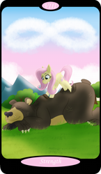 Size: 1500x2591 | Tagged: safe, artist:sixes&sevens, imported from derpibooru, part of a set, fluttershy, harry, cloud, eyes closed, lying down, major arcana, massage, mountain, strength, tarot card, tree