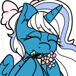 Size: 1000x1000 | Tagged: safe, artist:glittiewings, imported from derpibooru, oc, oc:fleurbelle, alicorn, alicorn oc, bow, eyes closed, female, flower, hair bow, horn, mare, mouth hold, simple background, transparent background, wings