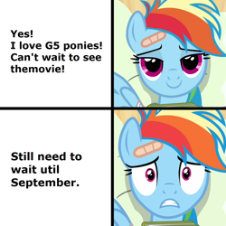 Size: 1024x1024 | Tagged: safe, imported from derpibooru, rainbow dash, pegasus, pony, read it and weep, female, g5, meme, realization, solo, teeth, uh oh