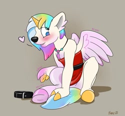 Size: 3251x3021 | Tagged: safe, artist:foxxy-arts, imported from derpibooru, silverstream, oc, oc only, oc:ingersoll, dog, hippogriff, blushing, character to character, clothes, collar, dress, floating heart, furry, heart, horn, inflatable, jewelry, lip bite, necklace, rubber, solo, transformation, underhoof, unicorn horn