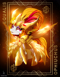 Size: 3928x5000 | Tagged: safe, artist:zidanemina, imported from derpibooru, oc, oc only, oc:equalis, earth pony, pony, anime cr, armored pony, black background, crossover, gold cloth, looking at you, saint seiya, simple background, smiling, solo, zodiac