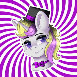 Size: 1500x1500 | Tagged: safe, artist:xcinnamon-twistx, imported from derpibooru, oc, oc:swirling wonder, unicorn, bowtie, commission, hat, looking at you, male