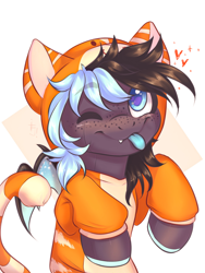 Size: 1200x1600 | Tagged: safe, artist:falafeljake, imported from derpibooru, oc, oc only, bat pony, pony, animal costume, clothes, costume, cute, freckles, one eye closed, solo, tongue out