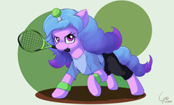 Size: 2147x1308 | Tagged: safe, artist:cyonixcymatro, imported from derpibooru, izzy moonbow, pony, unicorn, ball, clothes, female, g5, g5 movie, horn, horn guard, horn impalement, hornball, izzy's tennis ball, looking at you, mare, mouth hold, pants, raised hoof, shirt, signature, solo, sports, tennis, tennis ball, tennis racket, wristband