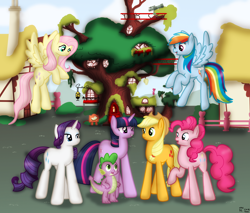 Size: 2000x1700 | Tagged: safe, artist:99999999000, imported from derpibooru, applejack, fluttershy, pinkie pie, rainbow dash, rarity, spike, twilight sparkle, dragon, earth pony, pegasus, pony, unicorn, female, golden oaks library, mane seven, mane six, ponyville, unicorn twilight