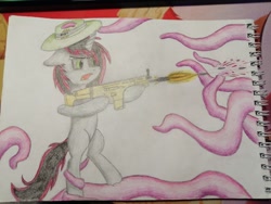 Size: 1600x1200 | Tagged: safe, artist:triksa, imported from derpibooru, oc, oc:number seventeen, unicorn, colored sketch, fight, gun, hat, scar-h, sketch, tentacles, traditional art, weapon