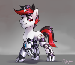 Size: 2296x2000 | Tagged: safe, artist:jedayskayvoker, imported from derpibooru, oc, oc only, oc:blackjack, cyborg, pony, unicorn, fallout equestria, fallout equestria: project horizons, amputee, colored, colored sketch, cyber legs, cybernetic legs, facial hair, fanfic art, full color, male, one hoof raised, raised hoof, rule 63, short horn, sketch, solo, stallion