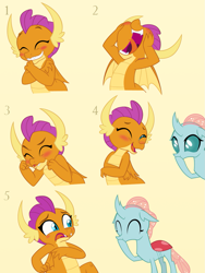 Size: 975x1300 | Tagged: safe, artist:queencold, imported from derpibooru, ocellus, smolder, changedling, changeling, dragon, blushing, caught, commission, cute, diaocelles, dragoness, duo, duo female, embarrassed, eyes closed, female, giggling, hoof over mouth, open mouth, simple background, smolderbetes