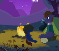 Size: 1673x1432 | Tagged: safe, artist:derpy_the_duck, imported from derpibooru, oc, oc:derp, earth pony, campfire, camping, father and child, father and son, helmet, like father like son, like parent like child, male, night