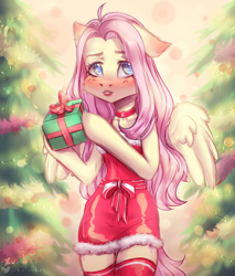 Size: 1960x2300 | Tagged: safe, artist:zefirka, imported from derpibooru, fluttershy, pegasus, semi-anthro, blushing, choker, christmas, christmas tree, clothes, female, floppy ears, holiday, light, looking at you, present, skirt, socks, solo, spread wings, thigh highs, tree, wings, zettai ryouiki